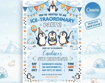 Cute Little Penguin Birthday Invitation | Ice-traordinary  Winter Party Birthday Card | Editable Canva Template (Digital Download)