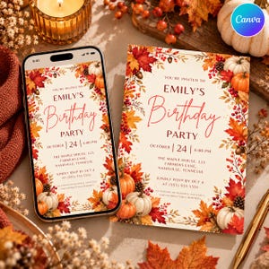 Pode incluir: Um smartphone e um convite impresso com tema de outono, com folhas de bordo vermelhas e laranjas, abóboras e bagas. O texto diz: You're invited to Emily's Birthday Party, October 24, 6:00 PM, The Maple House, 123 Farmers Lane, Nashville.
