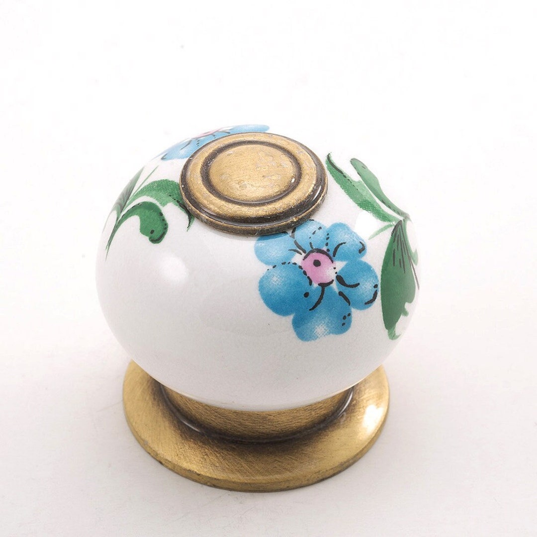 Set of 6 Floral Pattern Porcelain and Brass Antique Furniture Handle