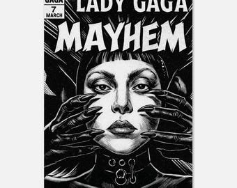 Poster di Lady Gaga Mayhem: stampa artistica in stile fumetto gotico, decorazione dark pop.
