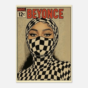 Beyoncé Retro Comic Poster, Schachbrett Maske Kunstdruck, Marvel Stil Pop Dekor, Vintage Musik Wandkunst, BeyHive Fan Geschenk