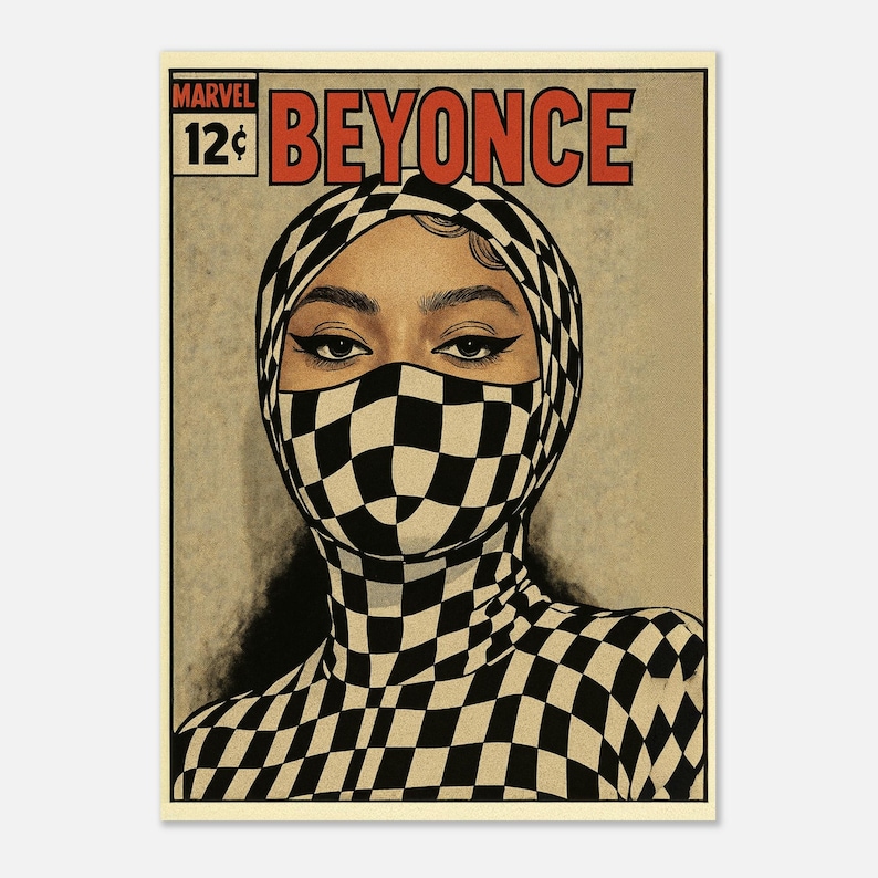 Beyoncé Retro Comic Poster, Checkerboard Mask Art Print, Marvel Style ...