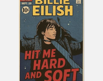 Billie Eilish Poster Comic Style, Hit Me Hard and Soft Print, Indie Pop Wall Art, Billie Fan Gift, Moody Retro Tour Decor