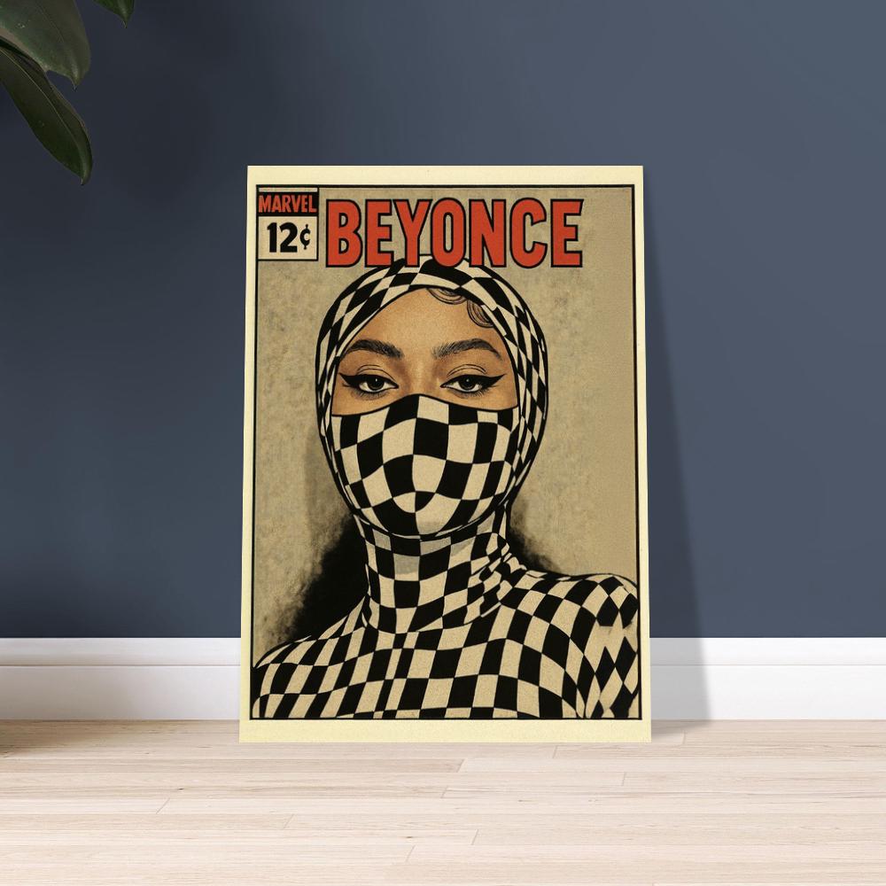Beyoncé Retro Comic Poster, Checkerboard Mask Art Print, Marvel Style ...