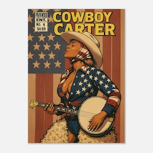 Póster de cómic vintage de Beyoncé "Cowboy Carter", arte mural de vaquera del oeste, impresión musical de cultura pop, regalo para fans de Beyoncé, decoración del hogar.