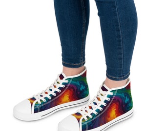 Rainbow Colored Wave Women's High Top Sneakers-Unique Colorful Design-Customizable Shoes-Handcrafted Fashion Footwear-Trendy Streetwear