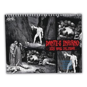 Peut inclure: Calendrier mural illustré de l'Enfer de Dante. Le calendrier, avec une reliure spirale, présente des images en noir et blanc représentant des scènes du poème épique. Le titre "Dante's Inferno 2026 Wall Calendar" est affiché en rouge.