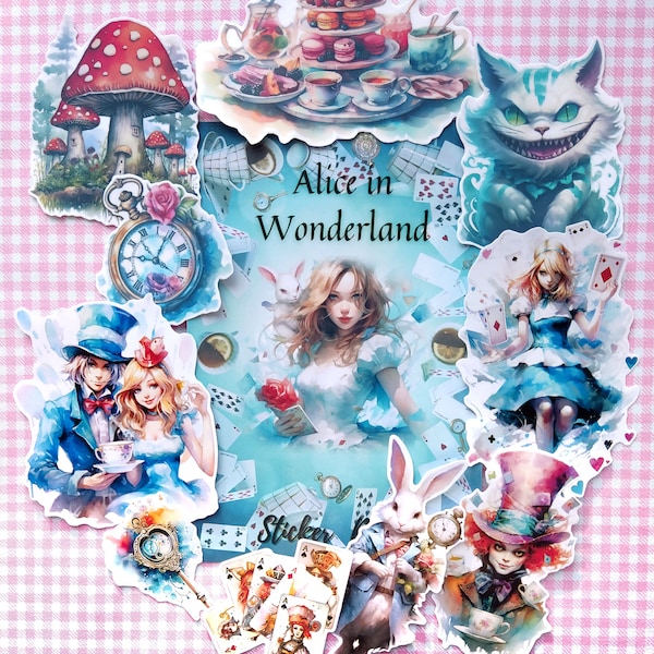 Alice au pays des merveilles Sticker Pack Glossy et Holographic - Conte de fées fantaisiste, Chapelier fou, Tea Party, Reine de cœur, Chat du Cheshire