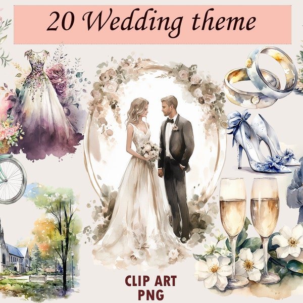 Wedding Clipart Bundle Watercolor, Transparent PNG, Scrapbook, Junk Journal Bride Groom Clipart, Digital Download, Scrapbook, Commercial Use