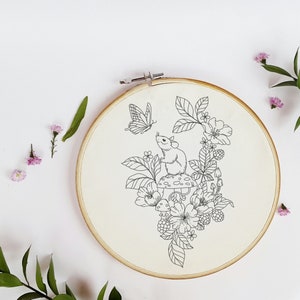 Op de afbeelding: Een borduurring met een zwart-wit illustratie van een muis op een paddenstoel, een vlinder en bloemen. Het ontwerp staat op crèmekleurige stof, omlijst door een houten ring. Het ontwerp heeft een bos thema.