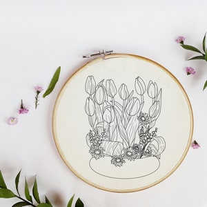 Puede incluir: Un bastidor de bordado con un diseño floral. El diseño presenta tulipanes y margaritas en un jarrón, todo en arte lineal negro sobre tela crema. El bastidor de madera está asegurado con un cierre metálico, un artículo artesanal clásico.