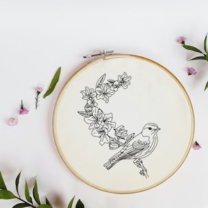 Bird and Flowers Hand Embroidery Pattern (PDF & JPG)