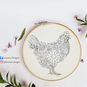 May include: A black and white line drawing of a chicken made of flowers and leaves, embroidered on a white fabric in a wooden embroidery hoop.
