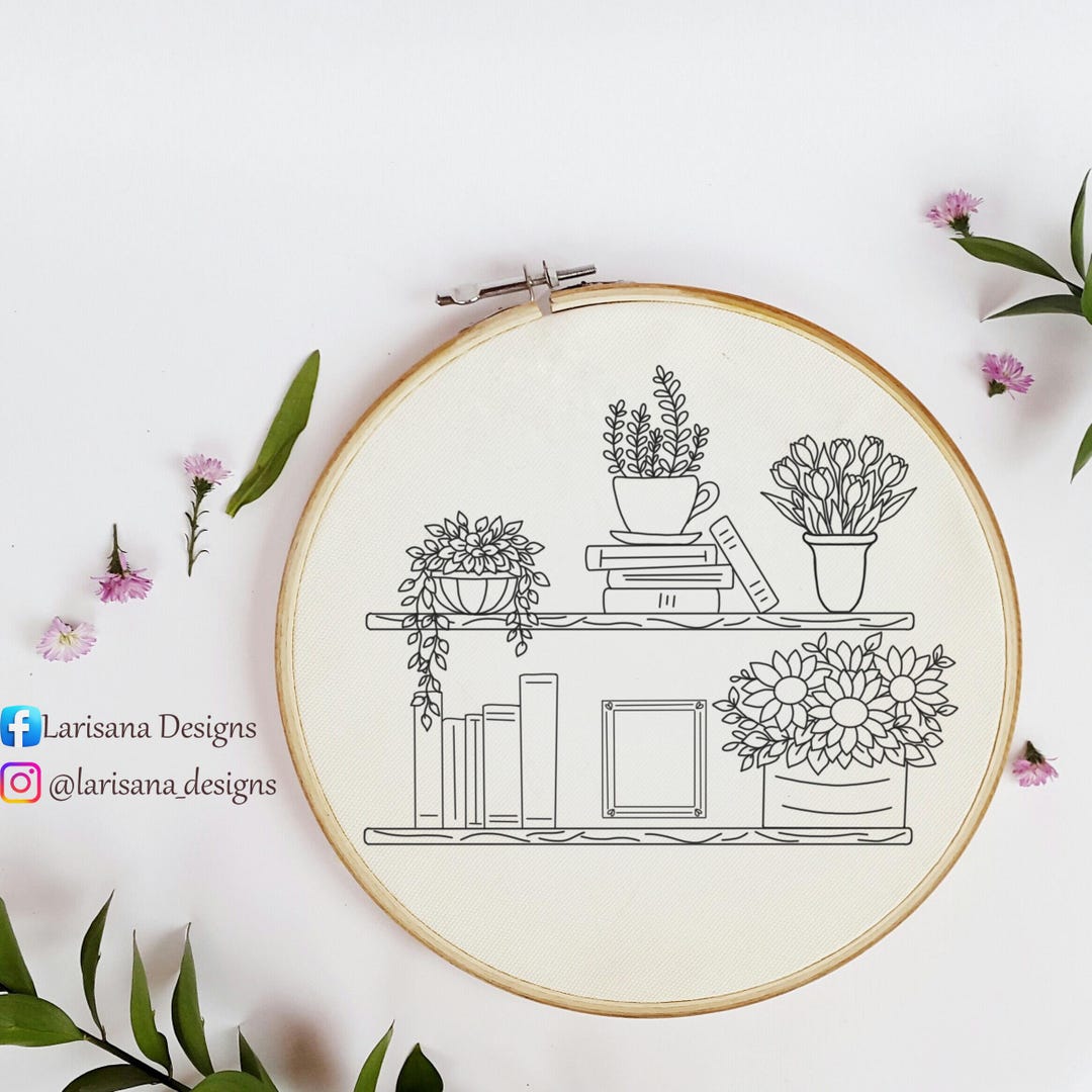 Floral Bookshelf Hand Embroidery Pattern: Book Lover Gift (PDF Pattern ...
