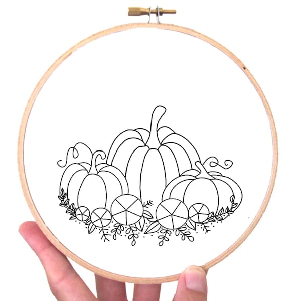 Pumpkin flower embroidery pattern, fall hand embroidery design, hand embroidery pattern download, embroidery template, beginner embroidery