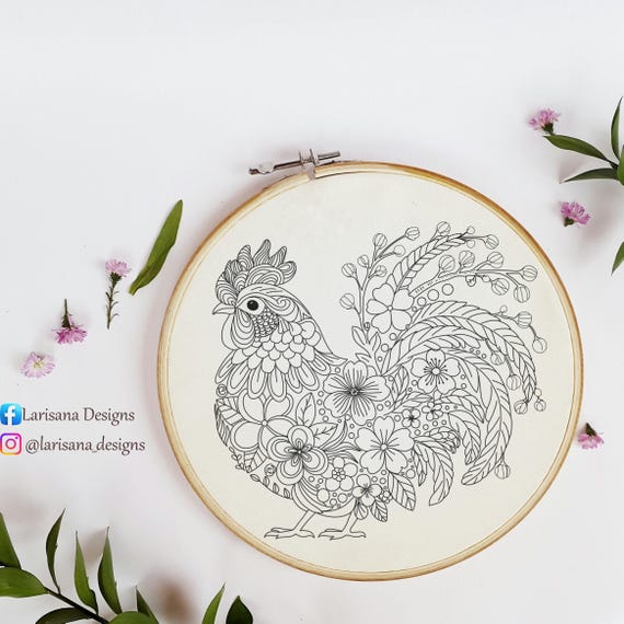 Floral Rooster Embroidery Pattern: Beginner-Friendly Line Art (PDF & JPG)