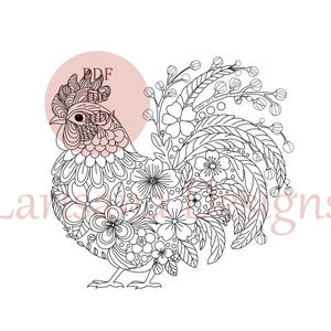 May include: A detailed black and white illustration of a rooster, featuring floral designs within its form. The image includes a light pink circle behind the rooster's head. The word "PDF" is visible.