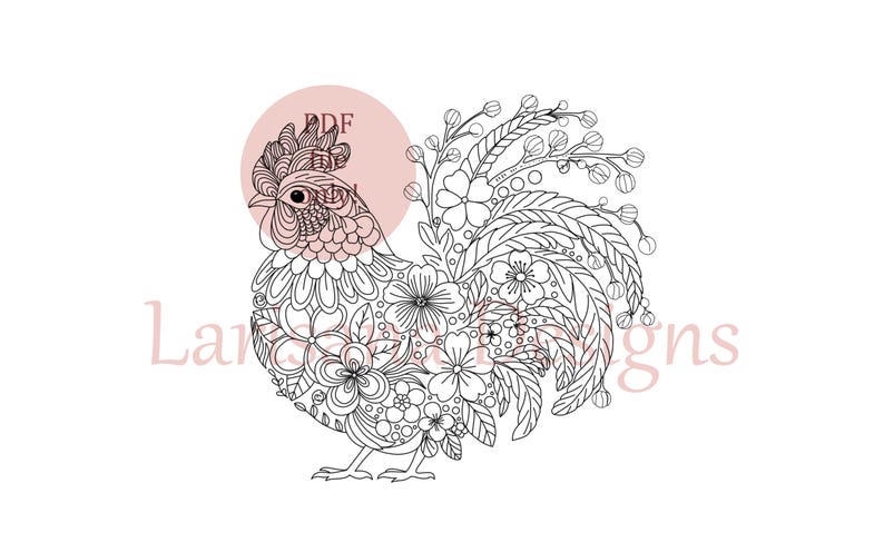 May include: A detailed black and white illustration of a rooster, featuring floral designs within its form. The image includes a light pink circle behind the rooster's head. The word "PDF" is visible.