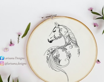 Floral Horse Hand Embroidery Pattern: Equestrian Animal Design (PDF Digital Download)