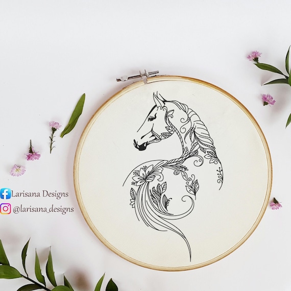 Floral Horse Hand Embroidery Pattern: Equestrian Animal Design (PDF & JPG Digital Download