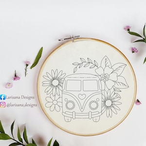 Vintage Van Hand Embroidery Pattern, Camper Van Embroidery Template, hippie bus, Floral retro cars hand embroidery, Hippie embroidery