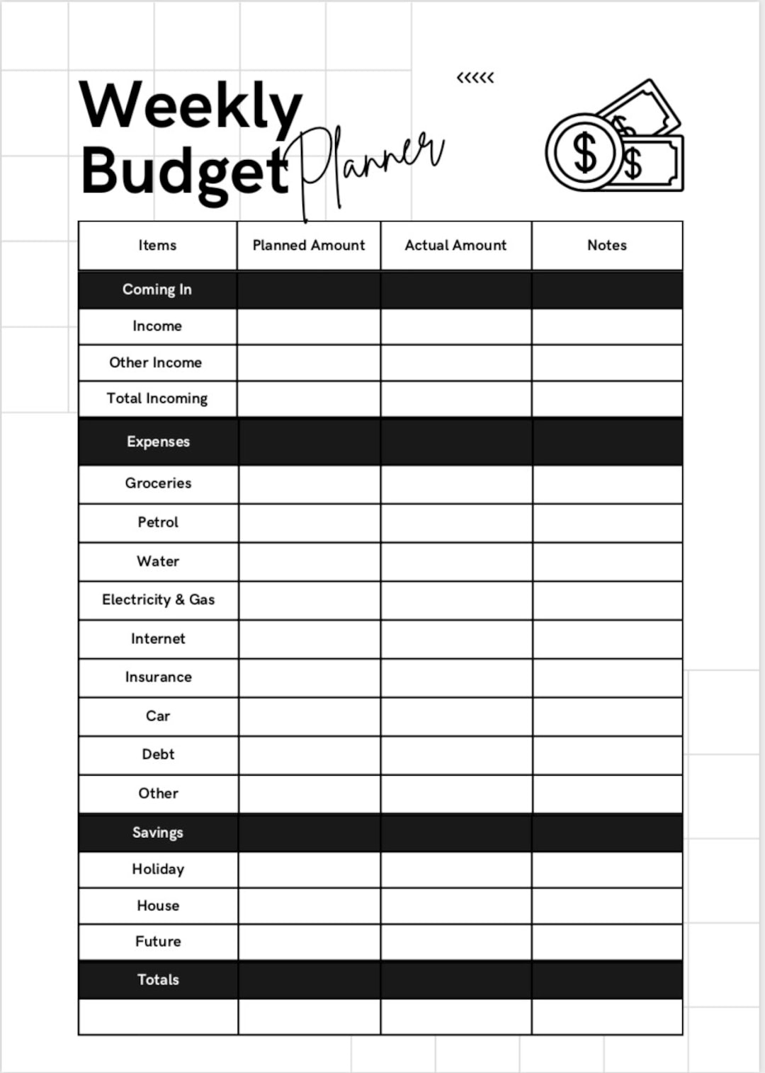 Basic Weekly Budget Planner Etsy