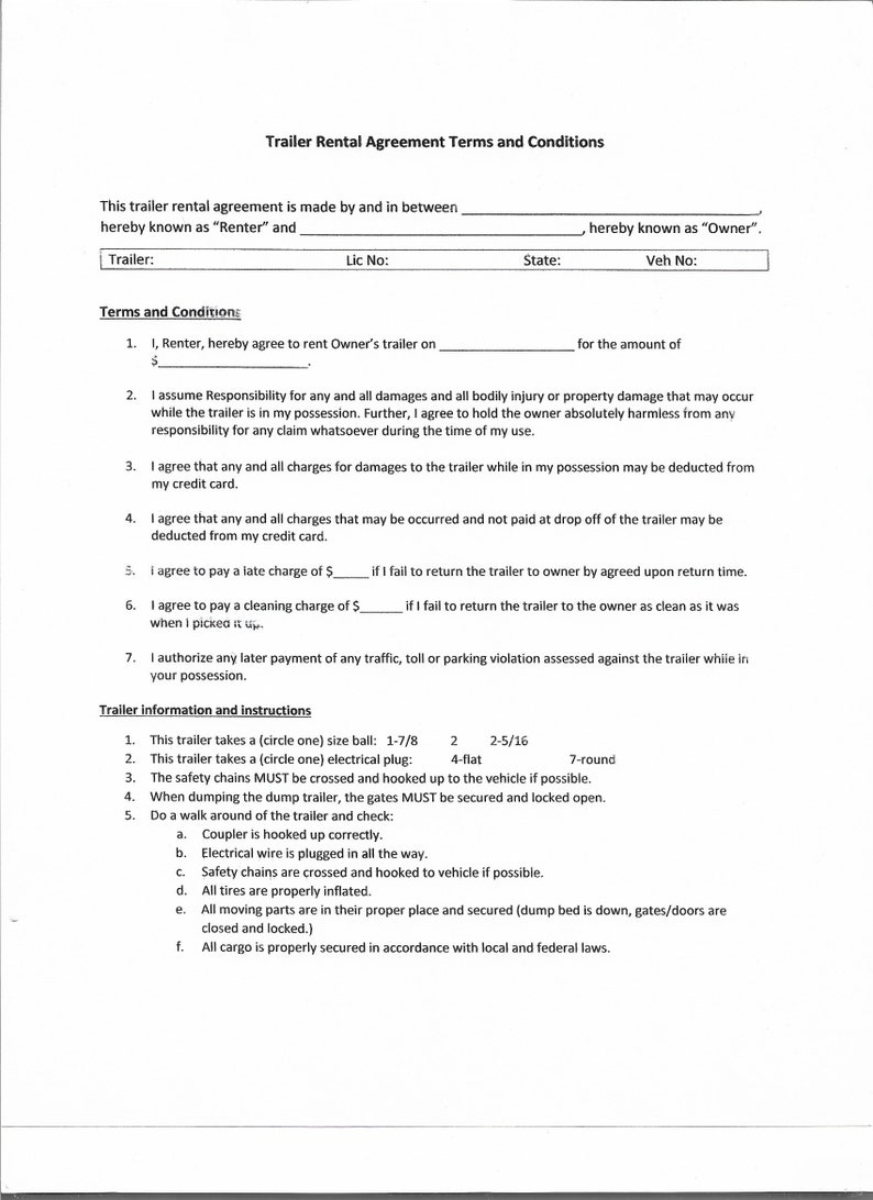 Trailer Rental Agreement, Contract, Terms and Conditions, PDF, Printable, Fillable, Downloadable