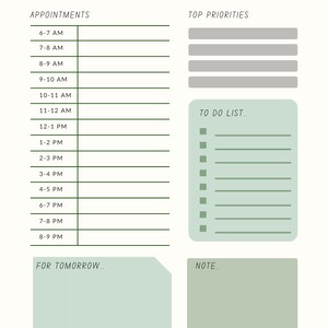 Today's Plan, Appointments, To Do List, Tomorrow, Top Priorities, PDF, Downloadable, Printable, Fillable