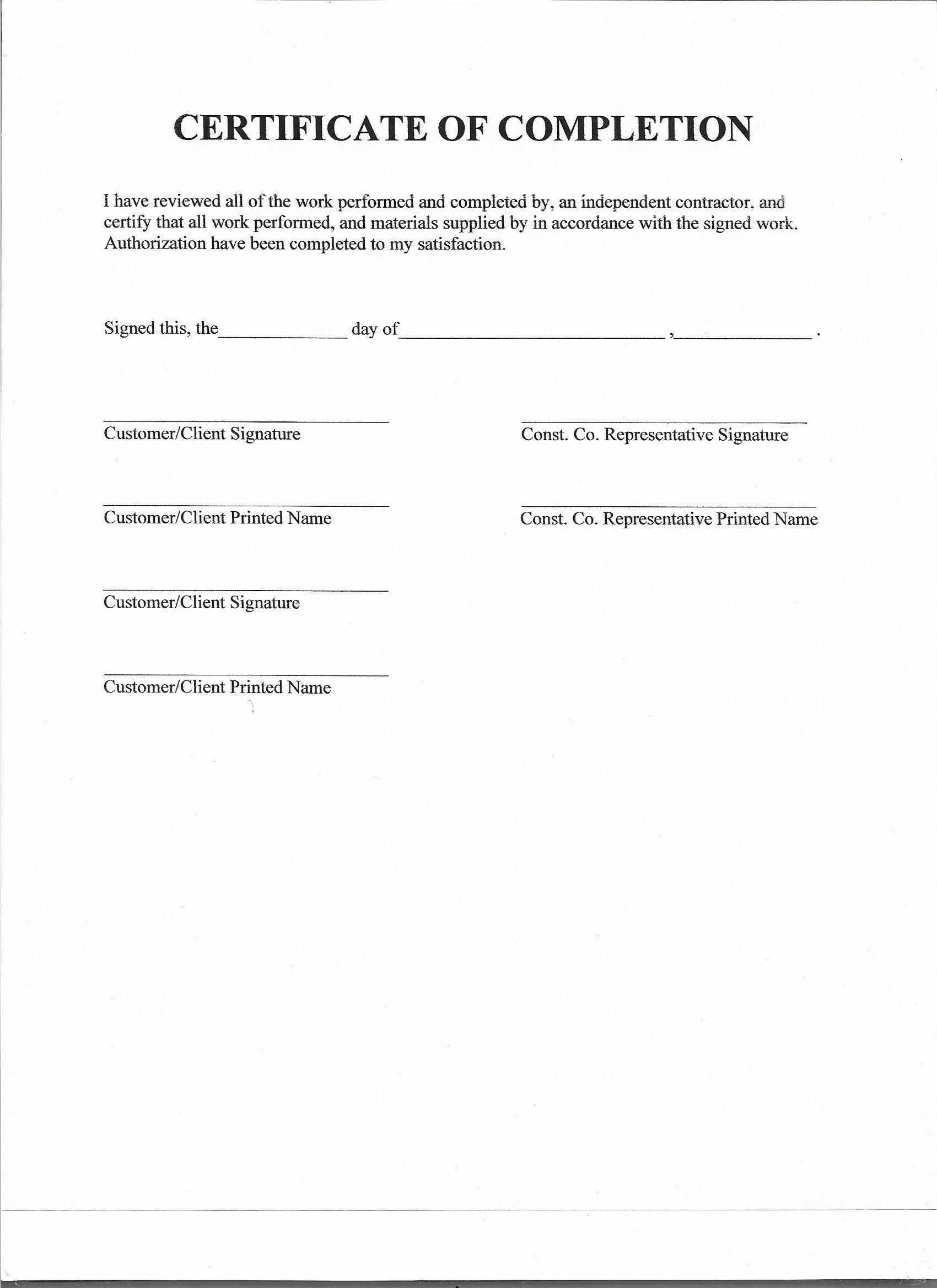 Construction Certificate Of Completion Template