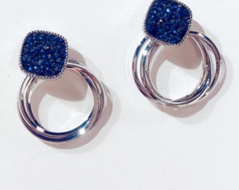 Blue Stones Silver Hoop Earrings