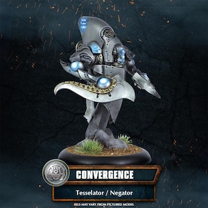 May include: A detailed miniature figure of a Tesselator / Negator from the Convergence faction. The figure is primarily silver with blue glowing accents. The base has the word "CONVERGENCE" and the model's name.