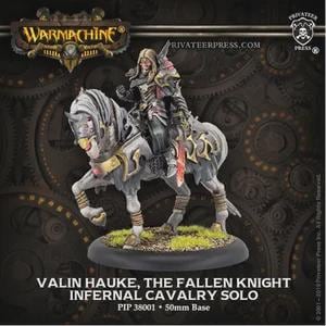 Może przedstawiać: Miniaturowa figurka Valina Hauke, Upadłego Rycerza, jadącego na szczegółowym białym koniu. Figurka jest częścią serii Warmachine Infernal Cavalry Solo. Podstawa ma 50 mm. Figurka ma na sobie zbroję i trzyma miecz.