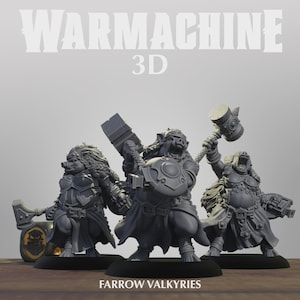 May include: Three grey miniature figures of anthropomorphic pig warriors, each wearing armor and carrying weapons including hammers and axes. The text WARMACHINE 3D and FARROW VALKYRIES is visible. The figures stand on circular black bases.