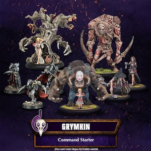 Puede incluir: Colección de miniaturas de fantasía, que incluye una figura con forma de árbol, un gran monstruo con cuchillas curvas y varios otros personajes. Las miniaturas están pintadas con detalles y colocadas sobre bases individuales. Se muestra el texto "GRYMKIN Command Starter".