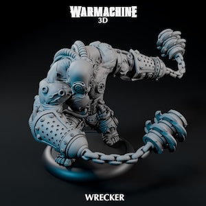 May include: A gray 3D-printed figurine of a mechanical humanoid, labeled "WARMACHINE 3D" and "WRECKER." The figure has a detailed, industrial design with exposed gears, tubes, and chain-linked weapons. The pose is dynamic, suggesting action.