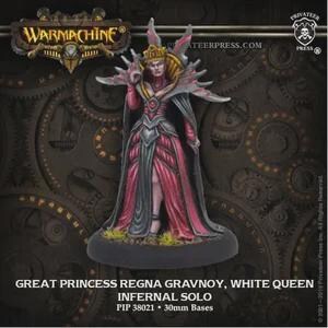Może przedstawiać: Miniaturowa figurka Wielkiej Księżniczki Regny Gravnoy, Białej Królowej, z serii Warmachine. Figurka jest głównie czerwona i czarna, ze skomplikowanymi detalami i królewską pozę. Podstawa ma 30 mm. Widoczny jest tekst "PRIVATEER PRESS" i "WARMACHINE".