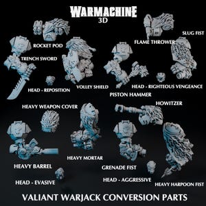 Könnte beinhalten: Eine Sammlung grauer 3D-gedruckter Valiant Warjack-Umbauteile. Zu den Komponenten gehören ein Raketenpod, ein Grabenschwert, ein Volleyschild, ein Flammenwerfer, ein Kolbenhammer, eine schwere Waffenabdeckung, eine Haubitze, ein schwerer Mörser, ein schwerer Lauf, ein Granatenfaust und eine schwere Harpune. Der Text lautet "WARMACHINE 3D" und "VALIANT WARJACK CONVERSION PARTS."