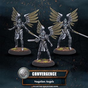 Puede incluir: Tres figuras en miniatura de Negation Angels. Cada figura tiene armadura plateada y blanca, alas doradas y está posada sobre una base circular. Las figuras sostienen espadas u otras armas. El texto "CONVERGENCE" y "Negation Angels" es visible.