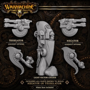 Pode incluir: Um kit de miniaturas de plástico cinzento para um Light Vector Chassis da Warmachine. O conjunto inclui uma peça central do chassis, duas opções de armas Tesselator e duas opções de armas Negator. O texto inclui 40mm Base Included.