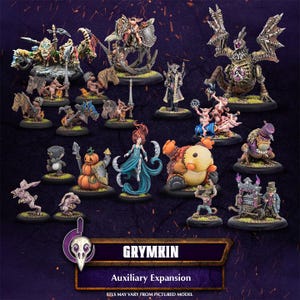 May include: A collection of fantasy miniatures, including figures of warriors, creatures, and whimsical characters. The miniatures are painted with detailed colors and textures, set against a dark purple background. The text "GRYMKIN Auxiliary Expansion" is displayed.