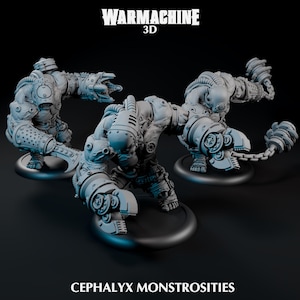 May include: Three gray 3D-printed Cephalyx Monstrosities figures. Each figure has a mechanical arm with a claw or weapon. The figures are on black circular bases, with the text "WARMACHINE 3D" and "CEPHALYX MONSTROSITIES".