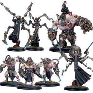 May include: A selection of fantasy miniatures depicting grotesque, steampunk-inspired figures. The figures include humanoid creatures with mechanical limbs, armour, and glowing accents, in shades of black, purple, and metallic colours.