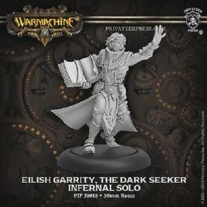 Może przedstawiać: Miniaturowa figurka Eilish Garrity, The Dark Seeker, z serii Warmachine. Figurka jest w dynamicznej pozie, trzyma książkę i podnosi rękę. Podstawa ma średnicę 30 mm. Figurka ma na sobie długi płaszcz i szczegółowe ubrania.