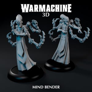 Puede incluir: Dos miniaturas grises impresas en 3D de una figura con múltiples brazos mecánicos, que lleva un abrigo largo y un tocado. Las figuras están sobre bases negras. El texto "WARMACHINE 3D" está en la parte superior y "MIND BENDER" en la inferior.