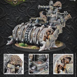 May include: A Meat Thresher Minion Farrow Battle Engine miniature on a 120mm base. The metallic war machine features a large front roller with spiked plates, a rear-mounted cannon, and small pig-like creatures. Includes text: HORDES, PRIVATEER PRESS, MEAT THRESHER, MINION FARROW BATTLE ENGINE, PIP 75055, 120mm Base.