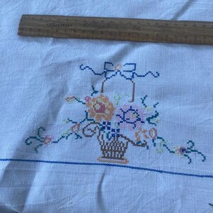 May include: A white fabric cloth featuring a cross-stitch design of a brown basket filled with yellow, pink, and green flowers, topped with a blue bow. A wooden ruler is placed above the embroidery, showing measurements up to 30 cm.