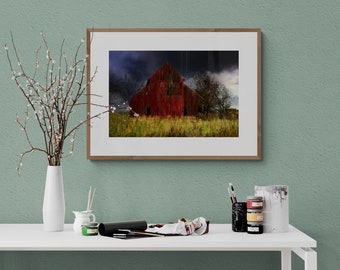 Enchanting Red Wooden Barn in Iowa Landscape, Atmospheric Sky, Rustic Farmhouse Art, Vintage Americana Wall Decor, Farmhouse Chic Wall Art