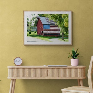 Red Barn Photography with USA Flag, Old Farm, Country Decor, Rustic Wall Art, Barn Picture, Large Farm Prints, Rustic Prairie Print