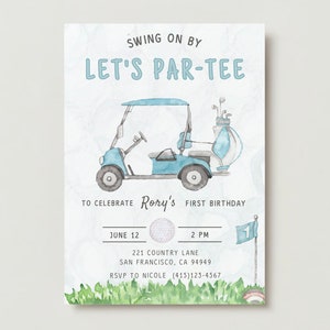 Let&#39;s Par-Tee Golf Birthday Party Invitation Template Blue