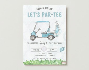 May include: A blue and white golf cart with golf clubs in the back. The text "SWING ON BY LET'S PAR-TEE" is at the top of the invitation. The text "TO CELEBRATE Rory's FIRST BIRTHDAY" is below the golf cart. The text "JUNE 12 2 PM" is below the text "FIRST BIRTHDAY". The text "221 COUNTRY LANE SAN FRANCISCO, CA 94949" is below the date and time. The text "RSVP TO NICOLE (415)123-4567" is at the bottom of the invitation.